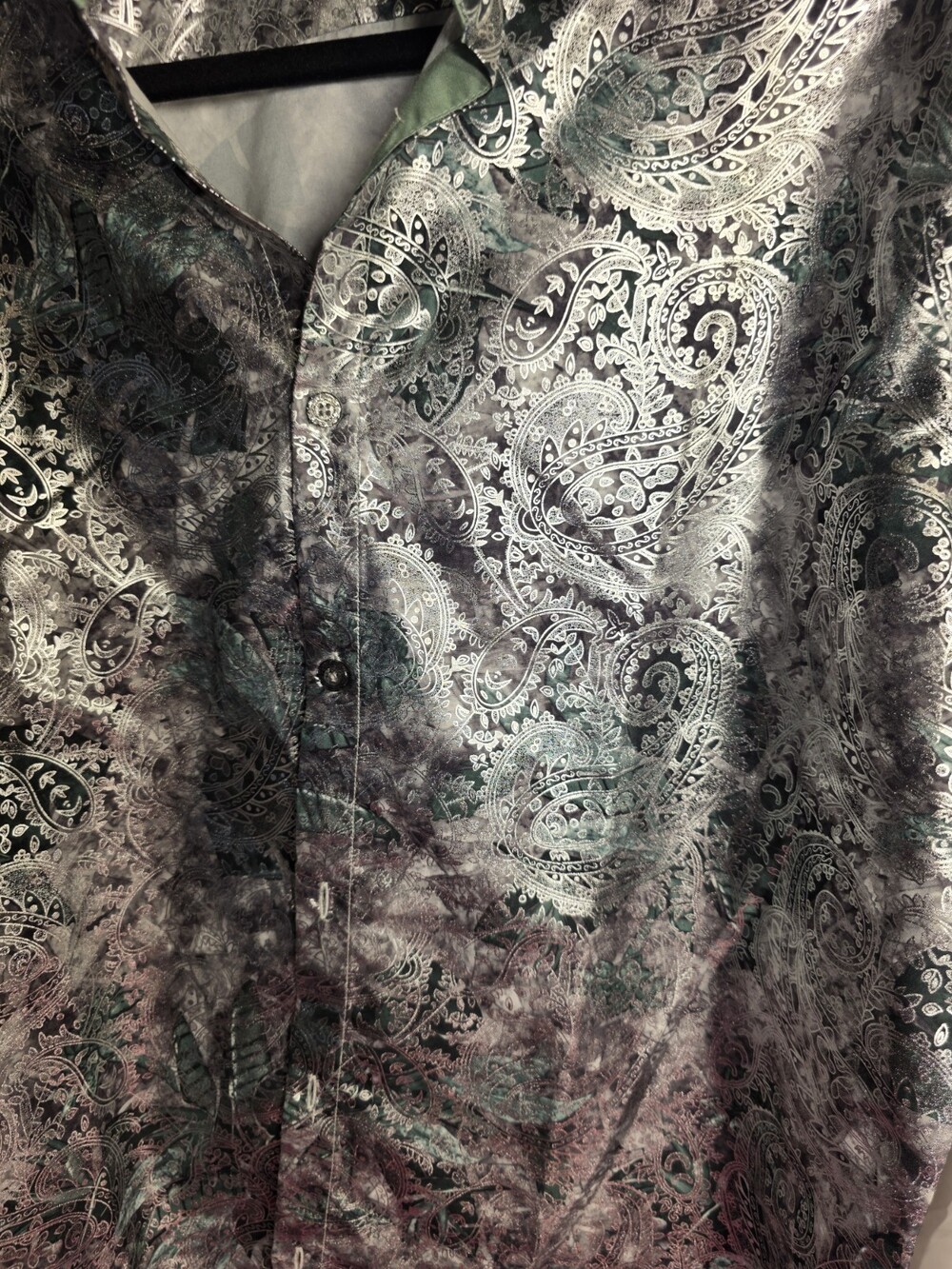 Stacy Adams Mens Shirt Size L Silver Green White Baroque Formal Or Night Club